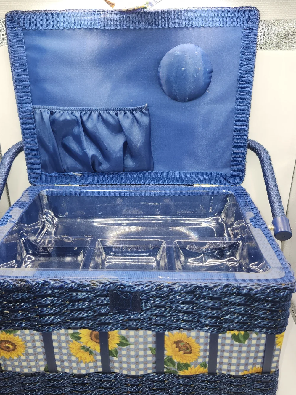 Vtg Wicker Sewing Basket Blue With Sunflowers Notions Storage Box With Handle